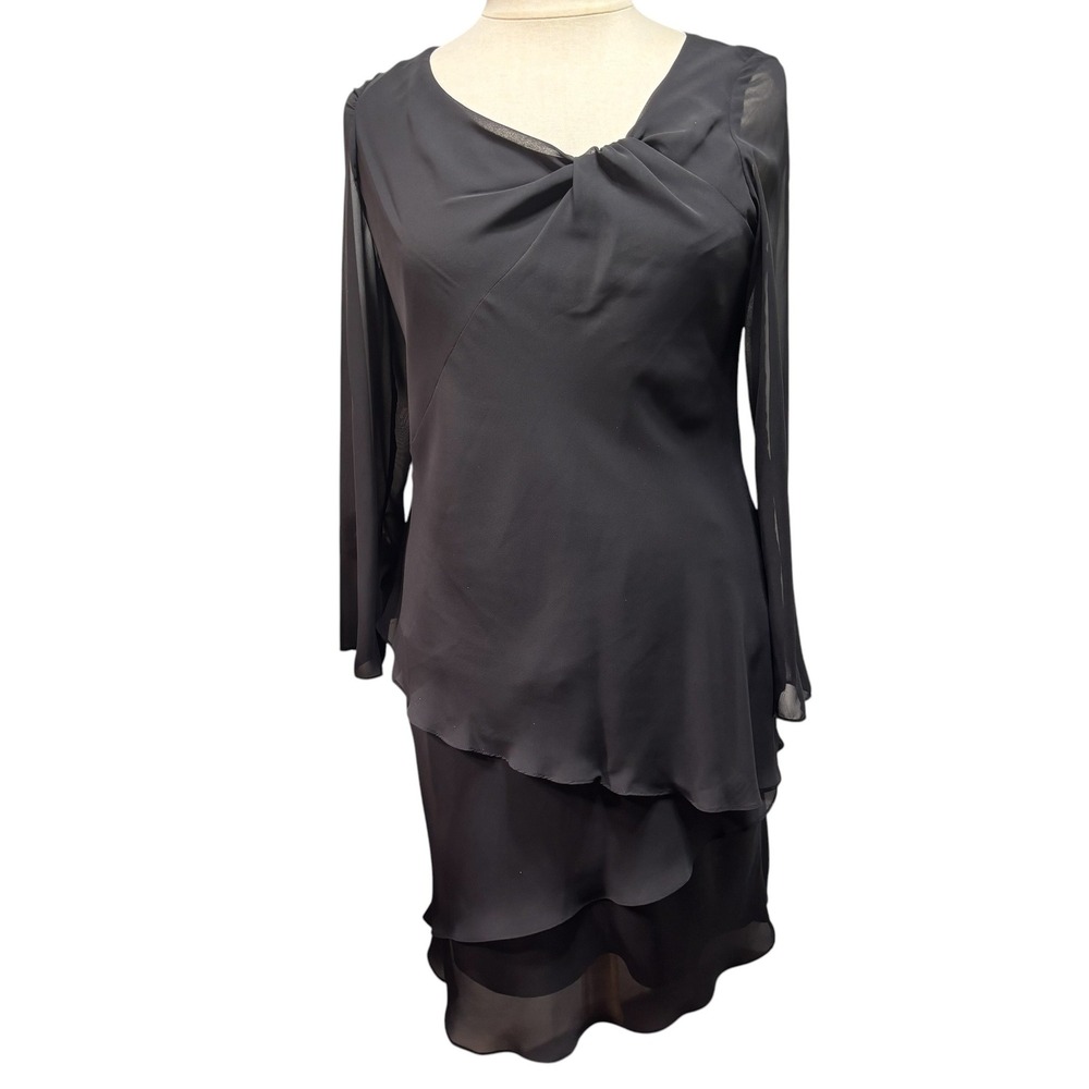 Jones New York Womens 16 Black Tiered Ruffle Sheer Sleeve‎ Cocktail Dress #105